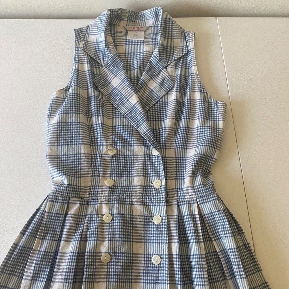 Esprit Plaid Women Sleeveless Vintage Dress Blue Double Breasted Cotton Pleated - Picture 4 of 10